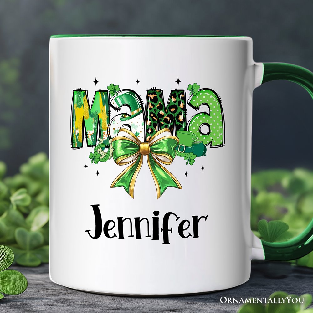 Coquette Mama Bow St Patrick’s Day Personalized Mug, Green Lucky Shamrock Clover Gift with Custom Name Personalized Ceramic Mug OrnamentallyYou White - Green Customized 