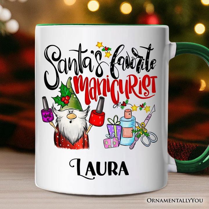 Santa's Favorite Manicurist Nail Art Personalized Mug, Beauty Artist Appreciation Gift with Custom Name Personalized Ceramic Mug OrnamentallyYou White - Green Customized 