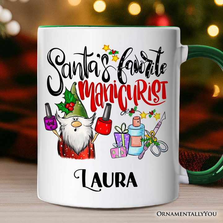 Santa's Favorite Manicurist Nail Art Personalized Mug, Beauty Artist Appreciation Gift with Custom Name