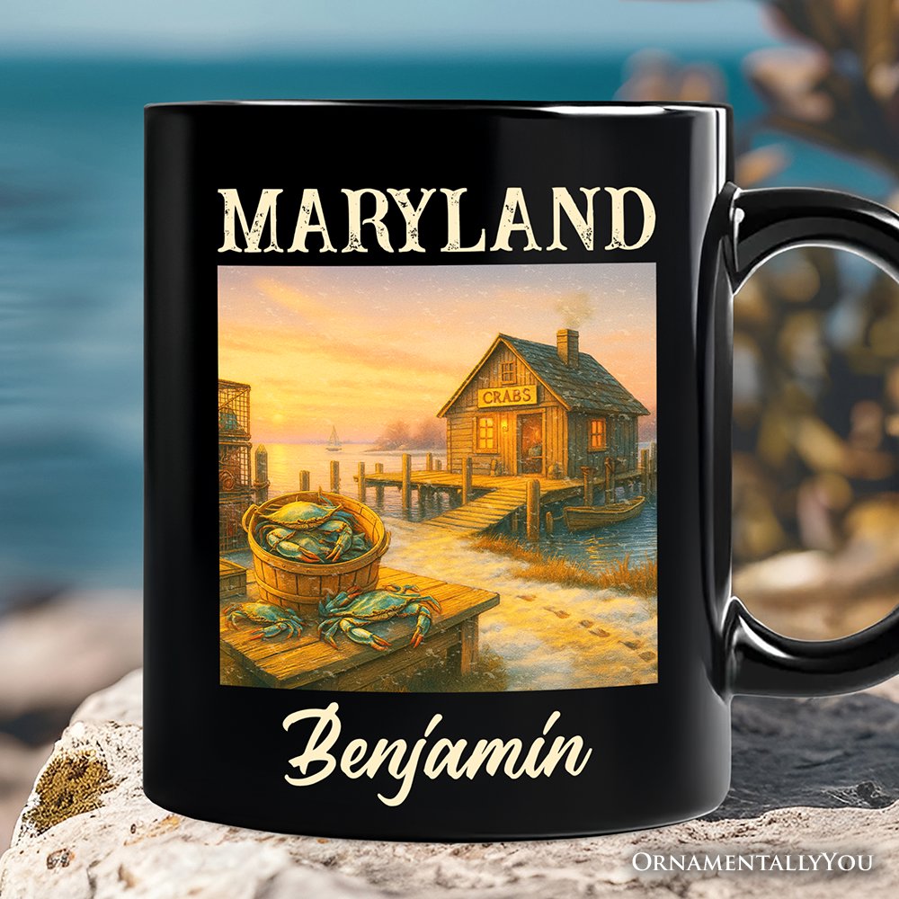 Coastal Maryland State Crabbing Personalized Mug, Chesapeake Bay Fishing Heritage Gift and Travel Souvenir with Custom Name Personalized Ceramic Mug OrnamentallyYou Black Customized 