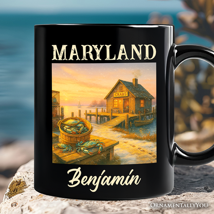 Coastal Maryland State Crabbing Personalized Mug, Chesapeake Bay Fishing Heritage Gift and Travel Souvenir with Custom Name