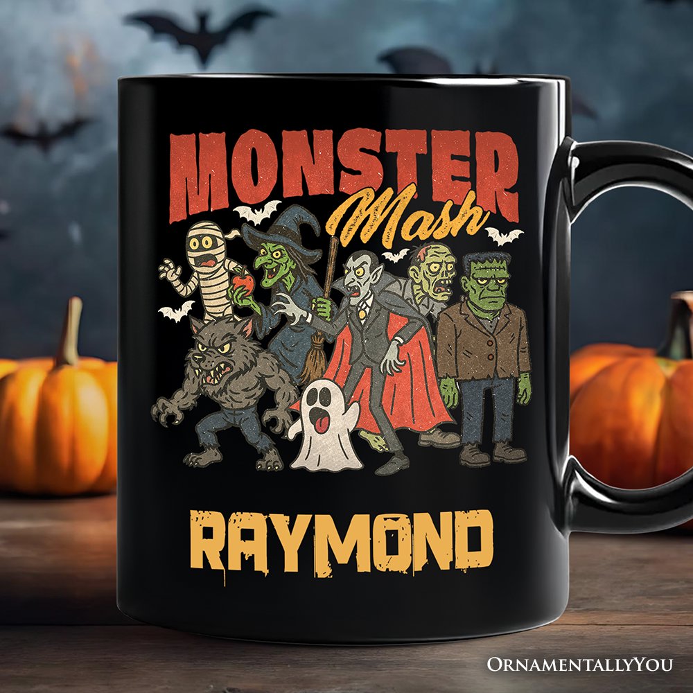 Vintage Monster Mash Personalized Mug, Retro Halloween Friends Gift with Custom Name Personalized Ceramic Mug OrnamentallyYou Black Customized 