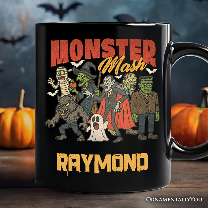 Vintage Monster Mash Personalized Mug, Retro Halloween Friends Gift with Custom Name