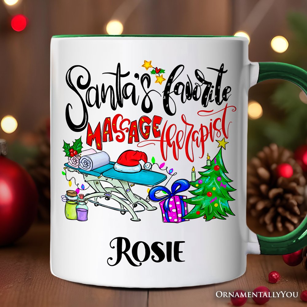Santa’s Favorite Massage Therapist Personalized Mug, Spa Appreciation Christmas Gift with Custom Name Personalized Ceramic Mug OrnamentallyYou White - Green Customized 
