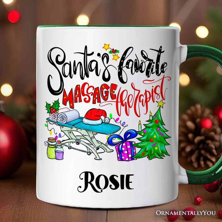 Santa’s Favorite Massage Therapist Personalized Mug, Spa Appreciation Christmas Gift with Custom Name