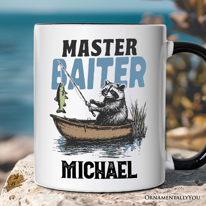 Master Baiter Fishing Personalized Mug, Funny Raccoon Father Vintage Gift with Custom Name