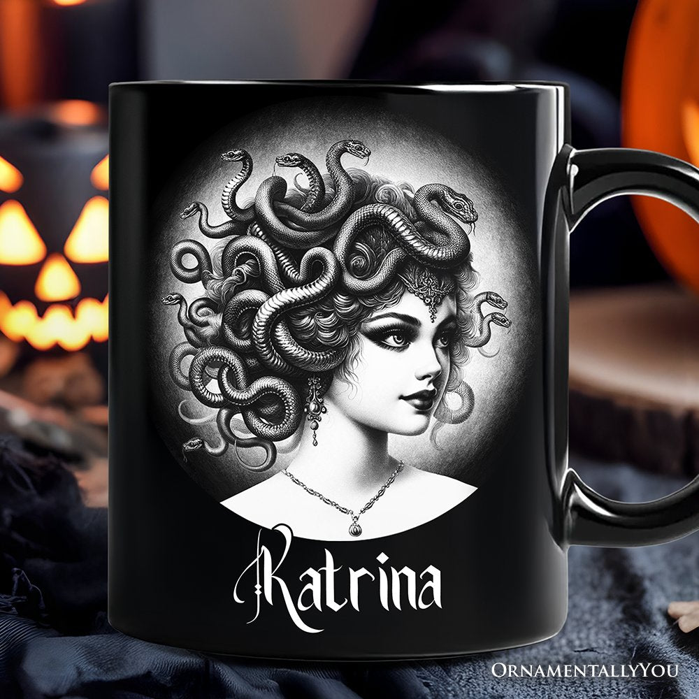 Medusa Spooky Portrait Personalized Mug Horror Villain Theme Halloween Gift with Custom Name Personalized Ceramic Mug OrnamentallyYou Black Customized 