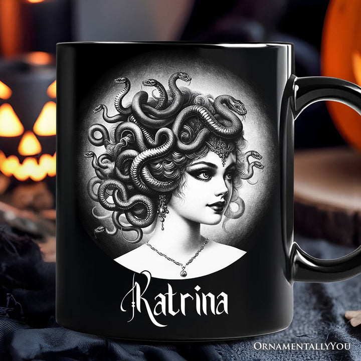 Medusa Spooky Portrait Personalized Mug Horror Villain Theme Halloween Gift with Custom Name Personalized Ceramic Mug OrnamentallyYou Black Customized 