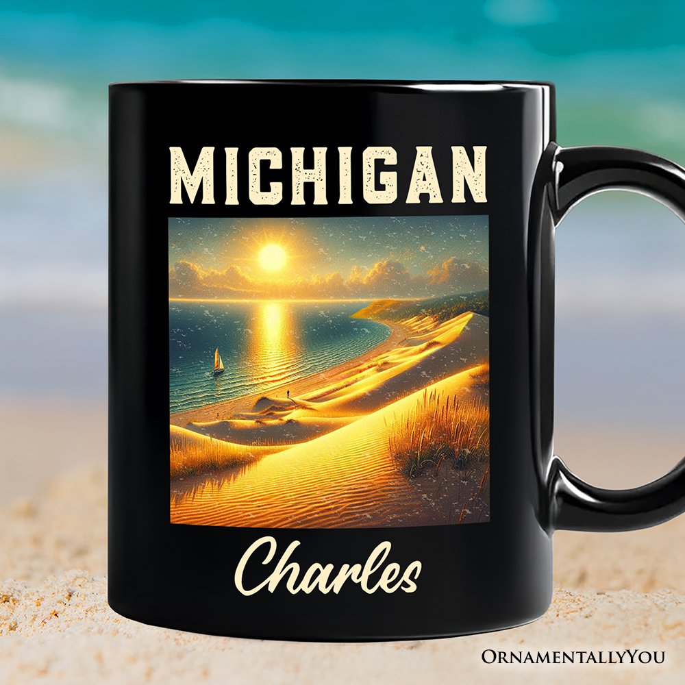 Scenic Michigan State Sleeping Bear Dunes Personalized Mug, Great Lakes Sunset Gift and Coastal Souvenir with Custom Name Personalized Ceramic Mug OrnamentallyYou Black Customized 