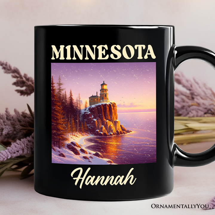 Scenic Minnesota State Split Rock Lighthouse Personalized Mug, Lake Superior Landmark Gift and Travel Souvenir with Custom Name