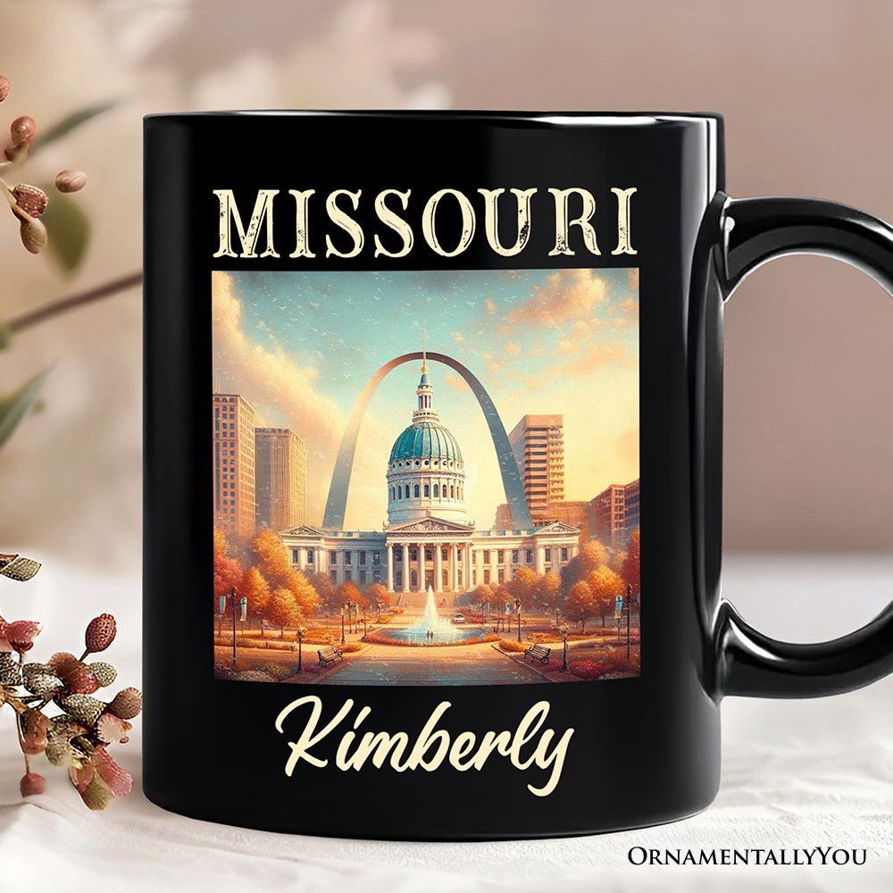 Missouri State Gateway Arch and Courthouse Personalized Mug, Iconic St. Louis Landmarks Gift and Travel Souvenir with Custom Name Personalized Ceramic Mug OrnamentallyYou Black Customized 