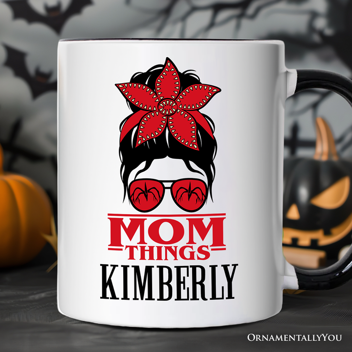 Mom Things Messy Bun Retro Personalized Mug, Red Bandana Glasses Family Matching Gift with Custom Name