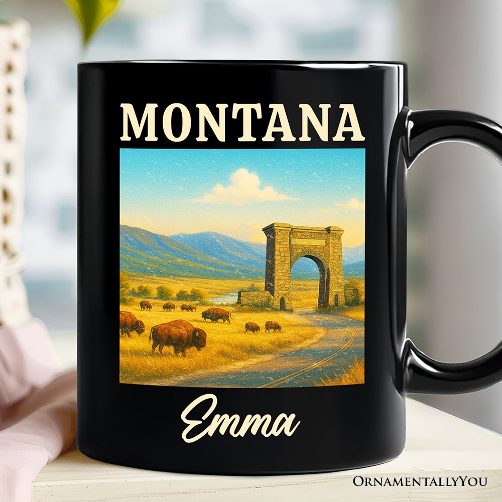 Rustic Montana State Wildlife and Landmark Personalized Mug, Yellowstone Entrance Tee and Western Prairie Souvenir with Custom Name Personalized Ceramic Mug OrnamentallyYou Black Customized 