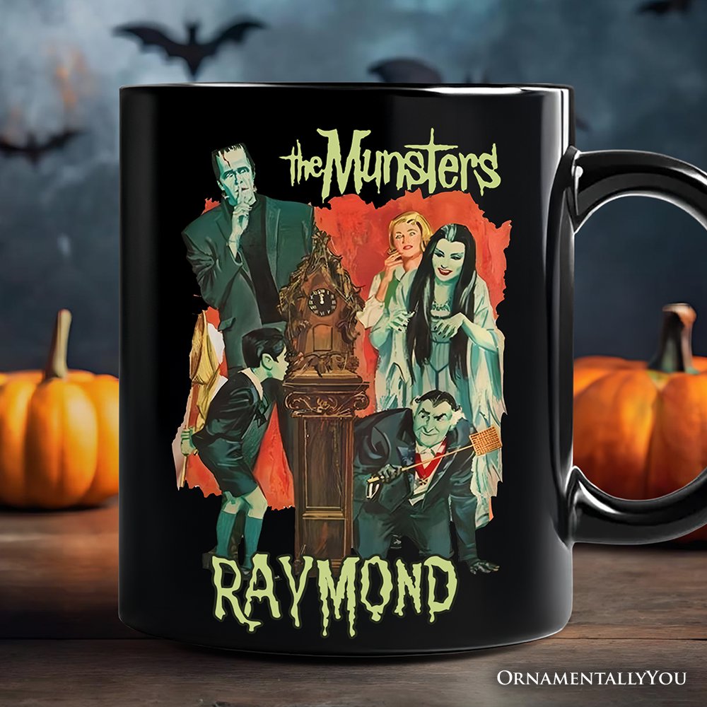 Retro Monster Family Sitcom Personalized Mug, Horror Halloween Gift with Custom Name Personalized Ceramic Mug OrnamentallyYou Black Customized 