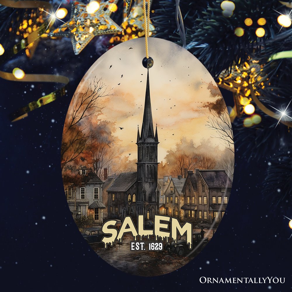Mysterious Salem Watercolor Fall Art Ornament, Massachusetts Souvenir and Gift Ceramic Ornament OrnamentallyYou 
