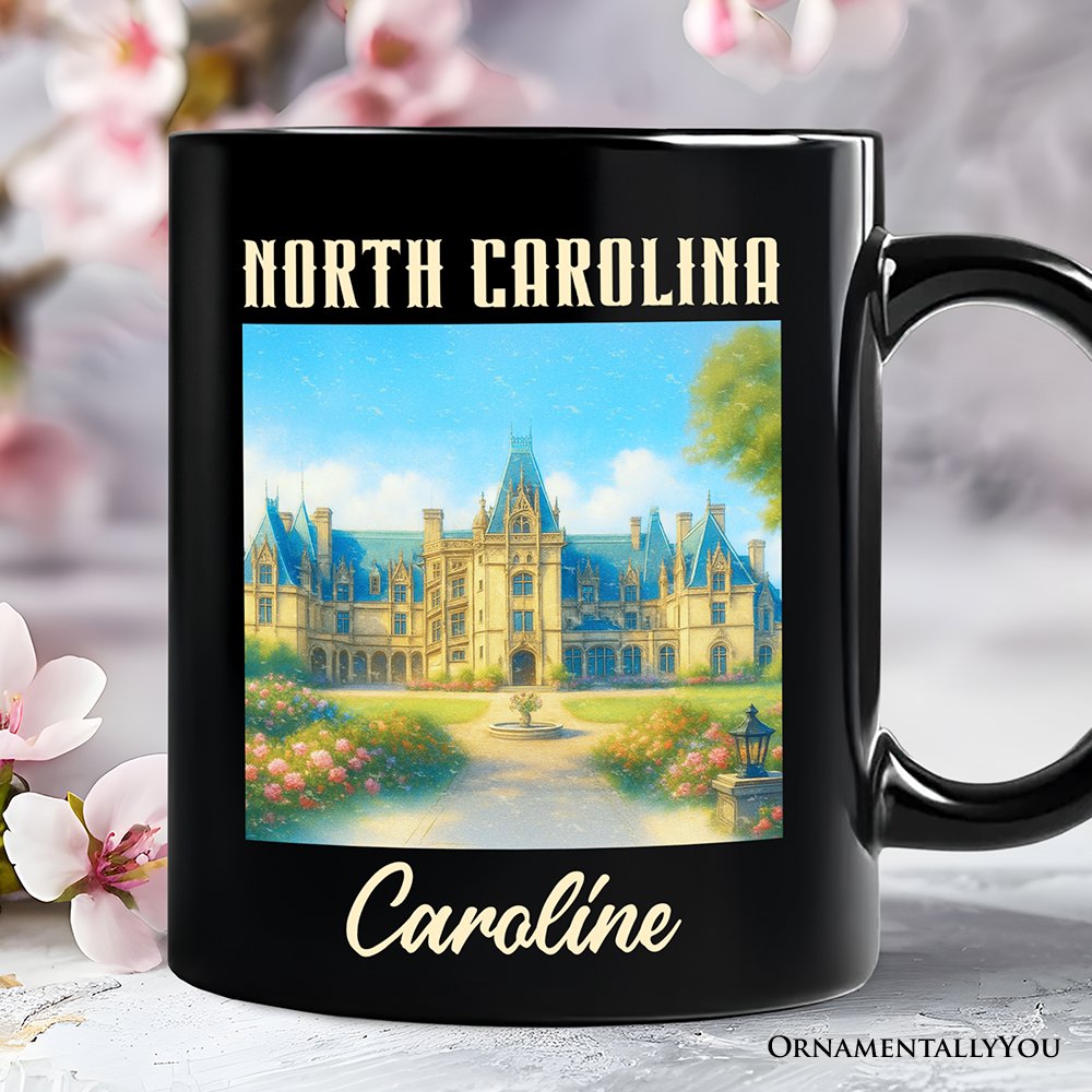 Elegant Biltmore Estate North Carolina State Personalized Mug, Asheville Landmark Gift and Heritage Souvenir with Custom Name Personalized Ceramic Mug OrnamentallyYou Black Customized 