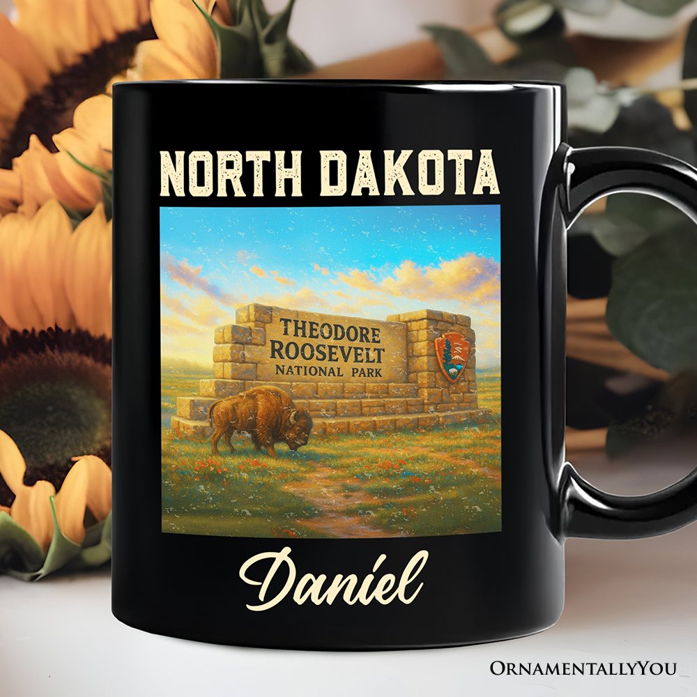 Scenic North Dakota State Theodore Roosevelt Park Personalized Mug, Bison Wildlife Gift and Great Plains Souvenir with Custom Name Personalized Ceramic Mug OrnamentallyYou Black Customized 
