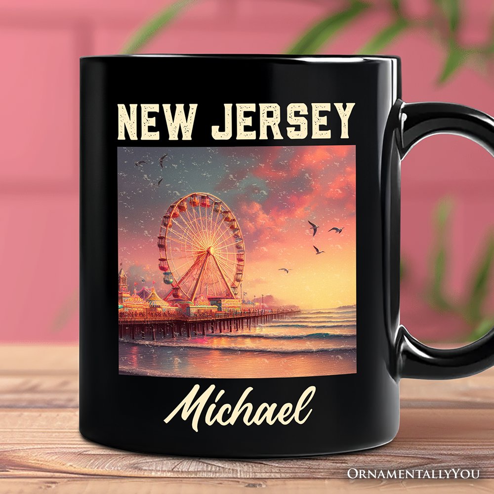 Vibrant The Wheel New Jersey State Personalized Mug, Atlantic City Shore Gift and East Coast Souvenir with Custom Name Personalized Ceramic Mug OrnamentallyYou Black Customized 