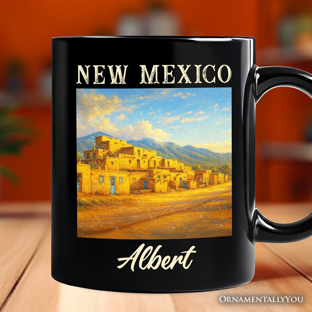 Artistic New Mexico State Taos Pueblo Personalized Mug, Native American Heritage Gift and Southwestern Cultural Souvenir with Custom Name Personalized Ceramic Mug OrnamentallyYou Black Customized 