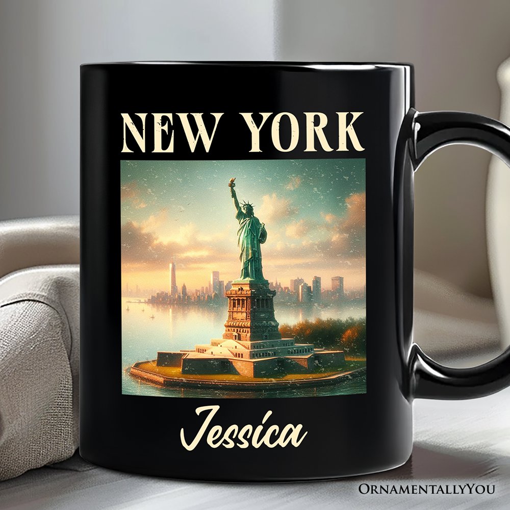 Iconic New York State Statue of Liberty Personalized Mug, Patriotic American Landmark Gift and Heritage Souvenir with Custom Name Personalized Ceramic Mug OrnamentallyYou Black Customized 