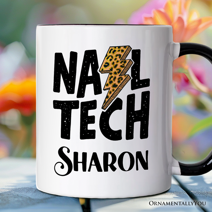 Nail Tech Leopard Lightning Personalized Mug, Retro Stylist Gift with Custom Name