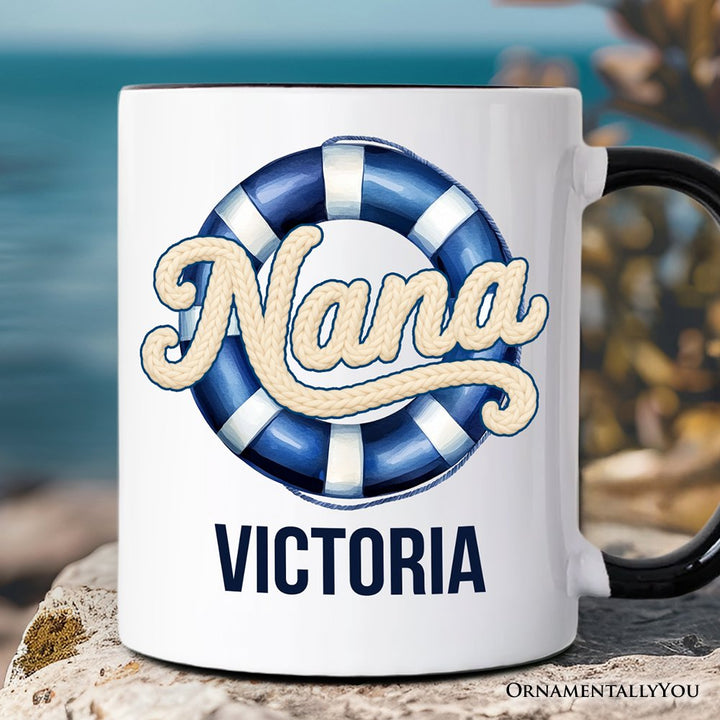 Nana Cruise Personalized Mug, Printed Faux Yarn Vacation Gift with Custom Name Personalized Ceramic Mug OrnamentallyYou Black Handle Customized 