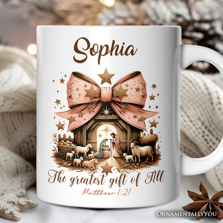 Holy Night Nativity Scene Jesus Personalized Mug, The Greatest Gift of All Matthew 1:21 Christian Christmas Gift with Custom Name
