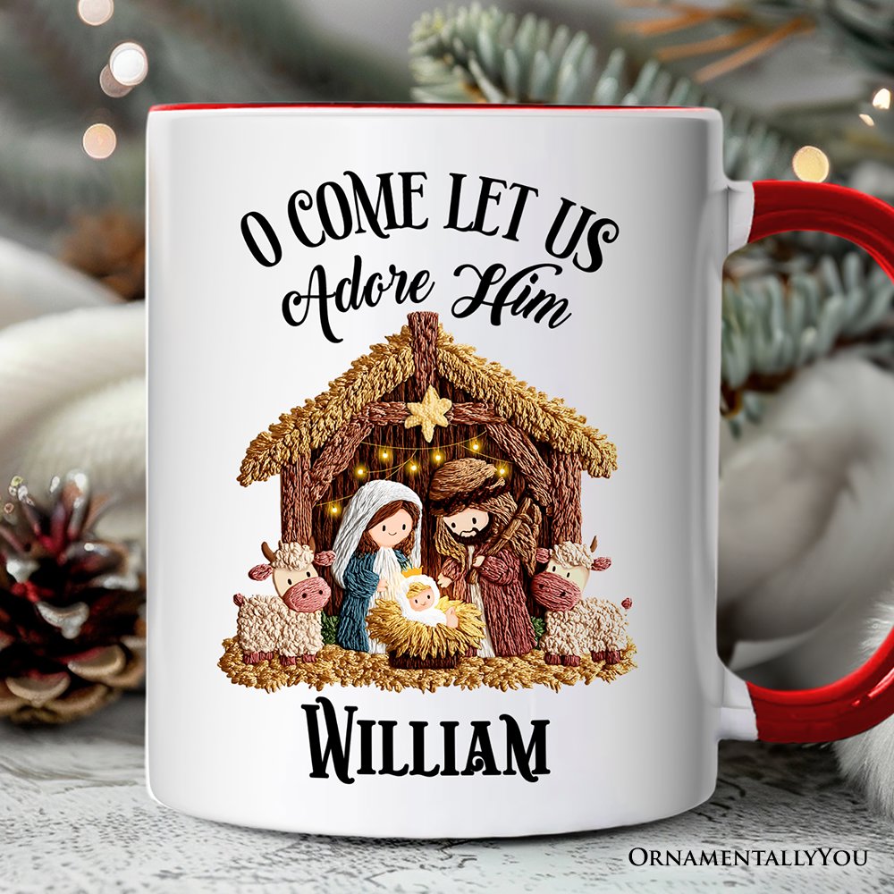Nativity Holy Family Jesus Christmas Personalized Mug, Imitation Latch Hook Yarn Cozy Christian Gift with Custom Name Personalized Ceramic Mug OrnamentallyYou White - Red Customized 
