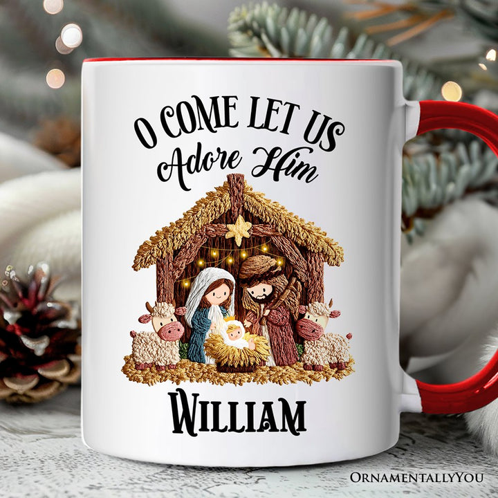 Nativity Holy Family Jesus Christmas Personalized Mug, Imitation Latch Hook Yarn Cozy Christian Gift with Custom Name Personalized Ceramic Mug OrnamentallyYou White - Red Customized 