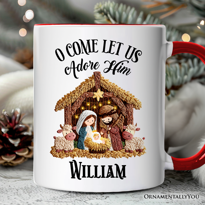 Nativity Holy Family Jesus Christmas Personalized Mug, Imitation Latch Hook Yarn Cozy Christian Gift with Custom Name