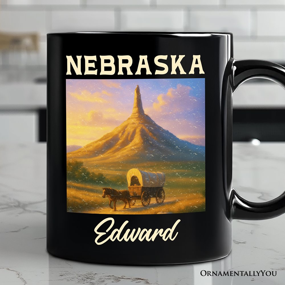 Scenic Nebraska State Chimney Rock Scenic Personalized Mug, Western Landmark Tee and Historic Trail Keepsake Souvenir with Custom Name Personalized Ceramic Mug OrnamentallyYou Black Customized 