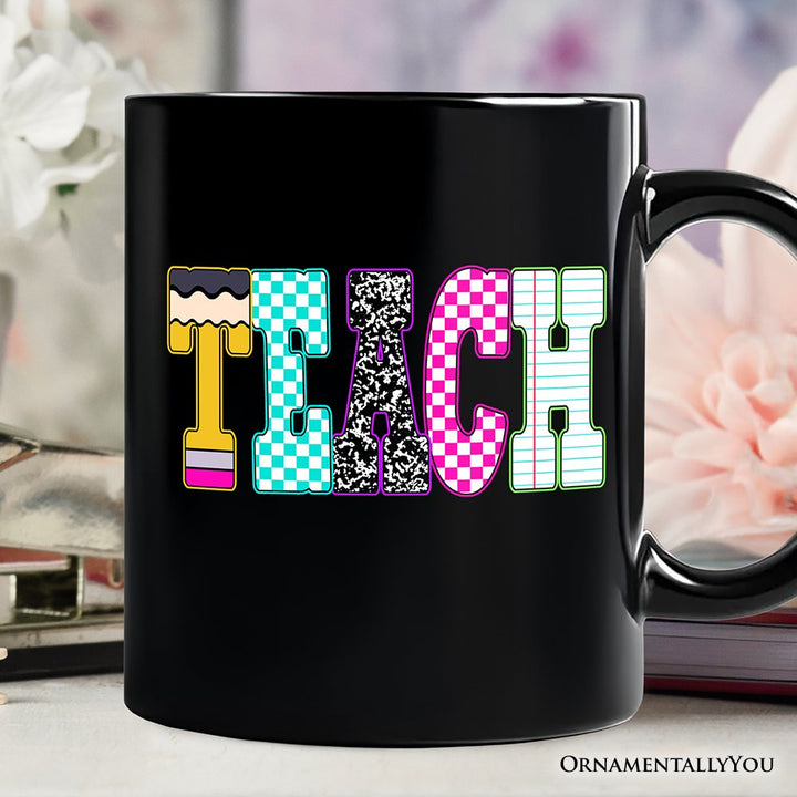 Neon Teacher Checkered Retro Mug, Back To School Gift Personalized Ceramic Mug OrnamentallyYou Black Non-Custom 