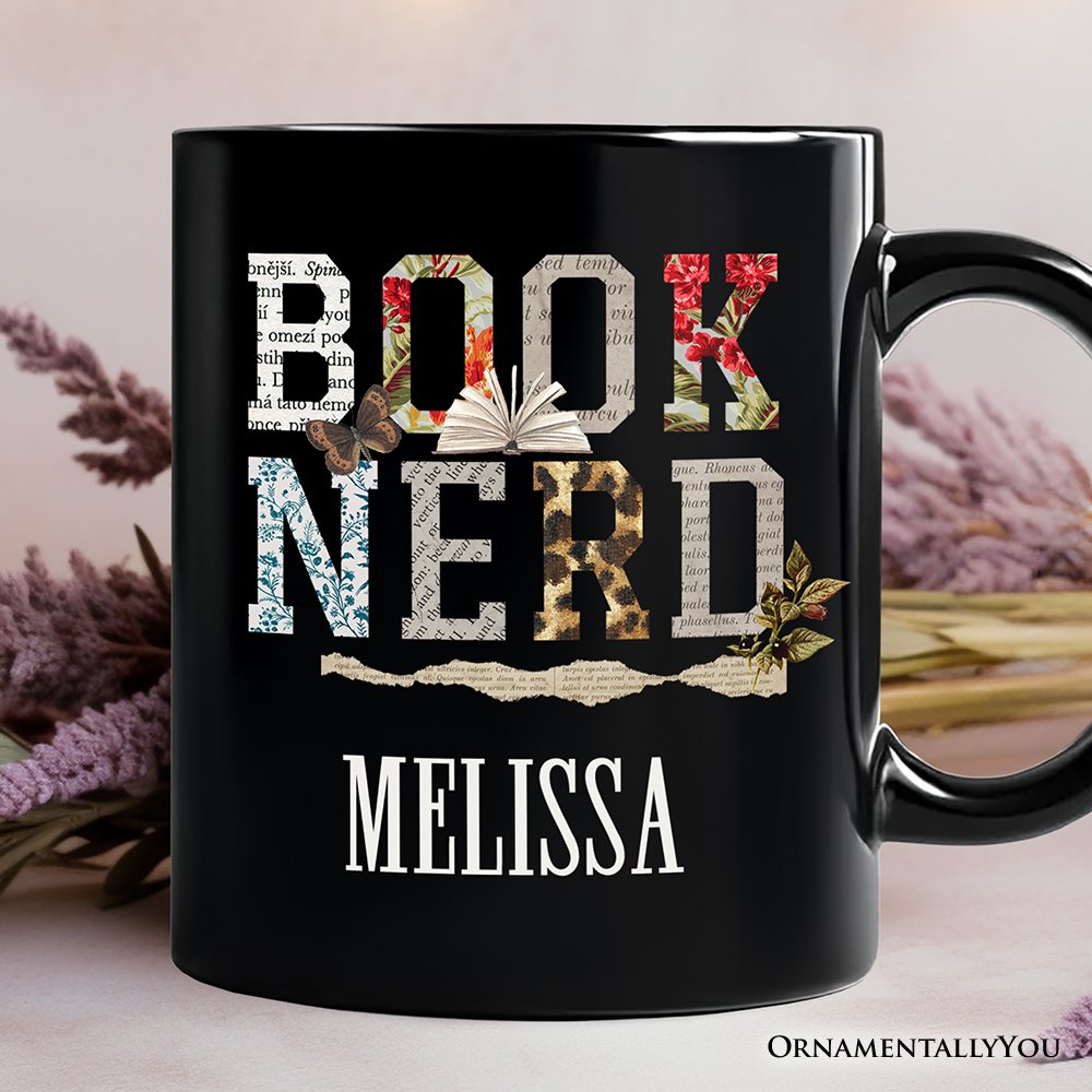 Book Nerd Collage Retro Personalized Mug, Bookish Booktok Librarian Gift with Custom Name Personalized Ceramic Mug OrnamentallyYou Black Customized 