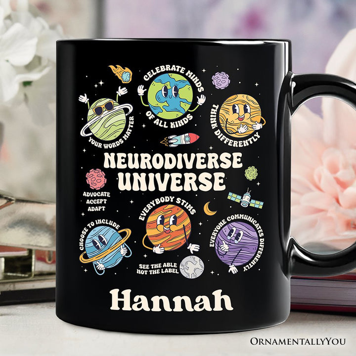 Neurodiverse Universe Autism Space Personalized Mug, Colorful Autism Awareness Education Gift with Custom Name Personalized Ceramic Mug OrnamentallyYou Black Customized 