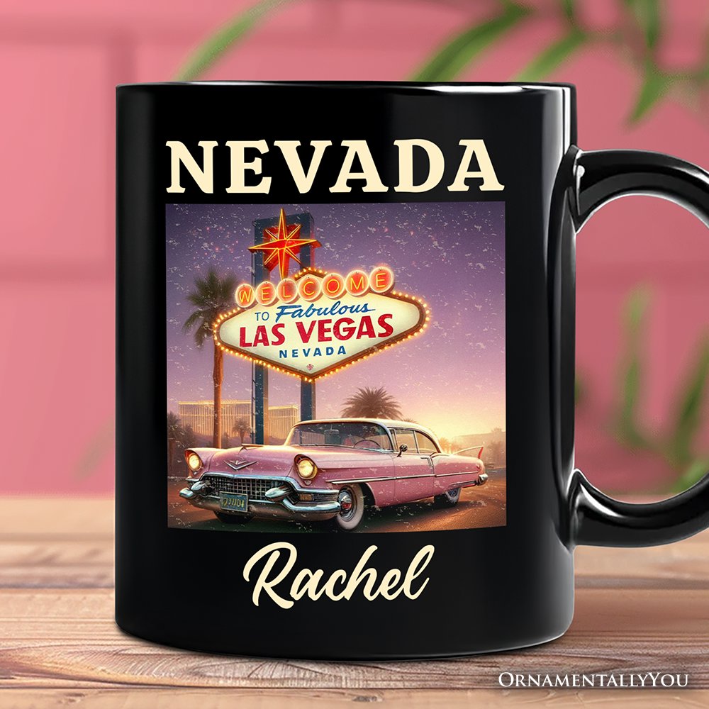 Vintage Nevada State Las Vegas Sign Personalized Mug, Retro Pink Cadillac Gift and Desert City Souvenir with Custom Name Personalized Ceramic Mug OrnamentallyYou Black Customized 