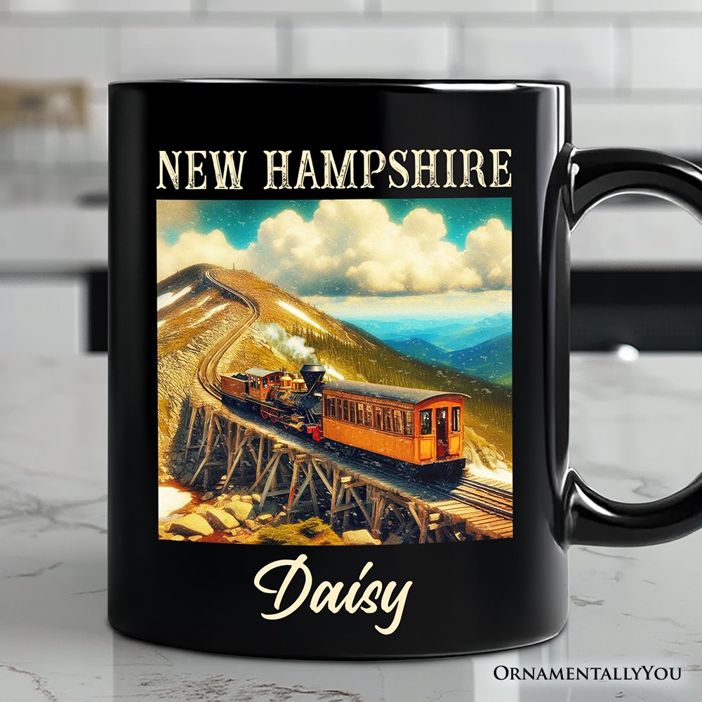 Scenic New Hampshire State Mount Washington Cog Railway Personalized Mug, American Northeast Landmark Gift and Souvenir with Custom Name Personalized Ceramic Mug OrnamentallyYou Black Customized 
