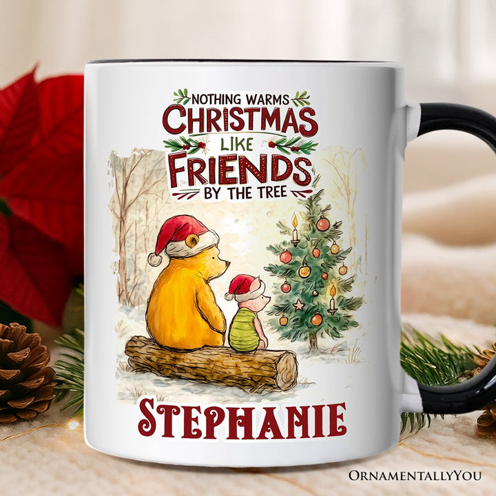 Nothing Warms Christmas Like Friends Winnie-the-Pooh Personalized Mug, 1926 A.A. Milne Holiday Gift with Custom Name Personalized Ceramic Mug OrnamentallyYou Black Handle Customized 