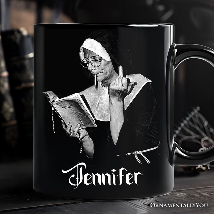 Eccentric Gothic Smoking Nun Personalized Mug, Unique Halloween Gift with Custom Name Personalized Ceramic Mug OrnamentallyYou Black Customized 