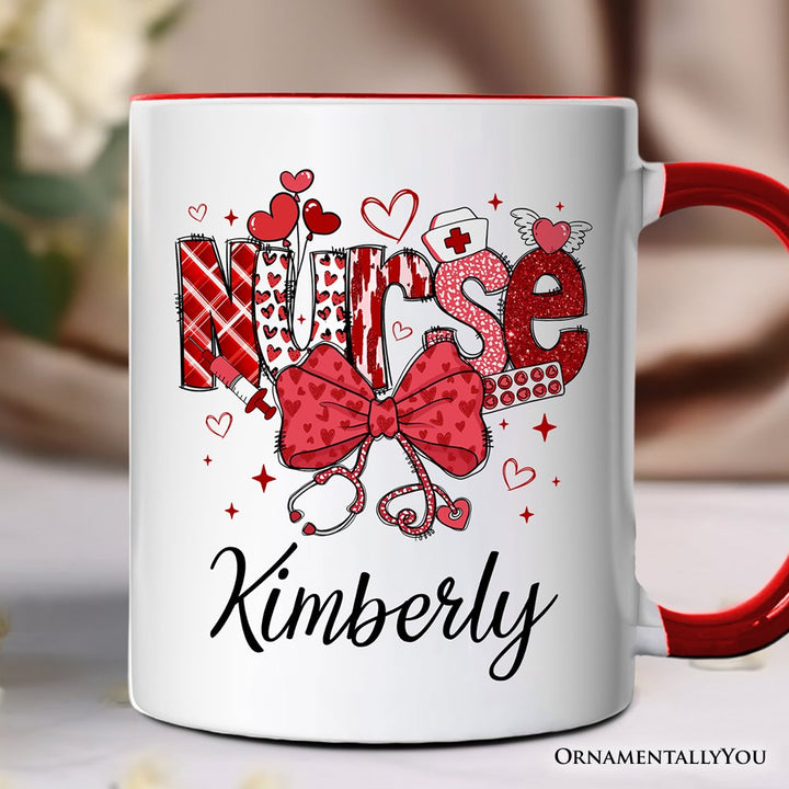Valentine Nurse Coquette Bow Personalized Mug, Cupid Favorite Nurse Gift with Custom Name Personalized Ceramic Mug OrnamentallyYou Red Handle Customized 