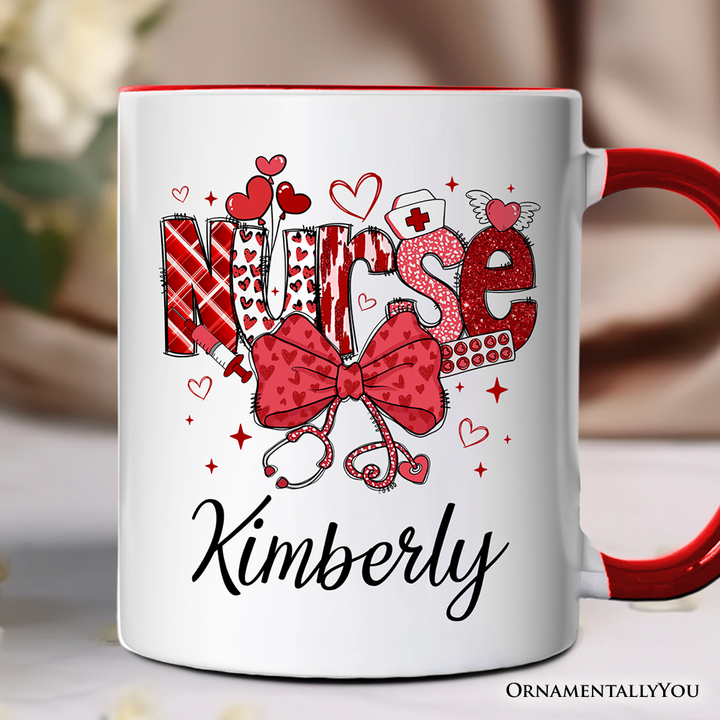 Valentine Nurse Coquette Bow Personalized Mug, Cupid Favorite Nurse Gift with Custom Name