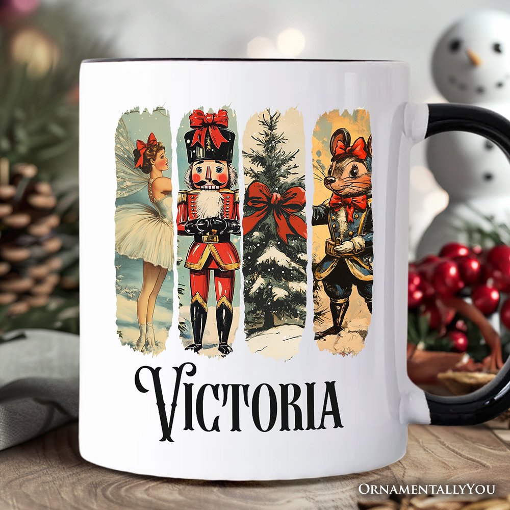 Ballet and Nutcracker Christmas Personalized Mug, Coquette Bow and Mouse Vintage Holiday Gift with Custom Name Personalized Ceramic Mug OrnamentallyYou White - Black Customized 