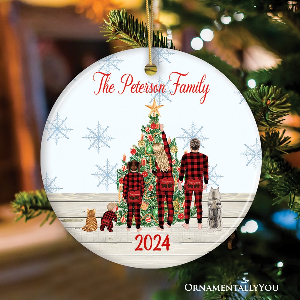 Family Christmas Ornament Customized Plaid Pajama Theme Ceramic Ornament OrnamentallyYou Circle 