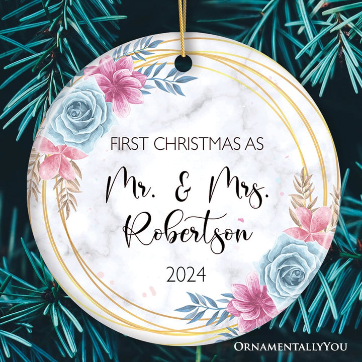 First Christmas As Mr. and Mrs. Personalized Ornament, Marble Watercolor Flowers Round Frame Ceramic Ornament OrnamentallyYou Circle 