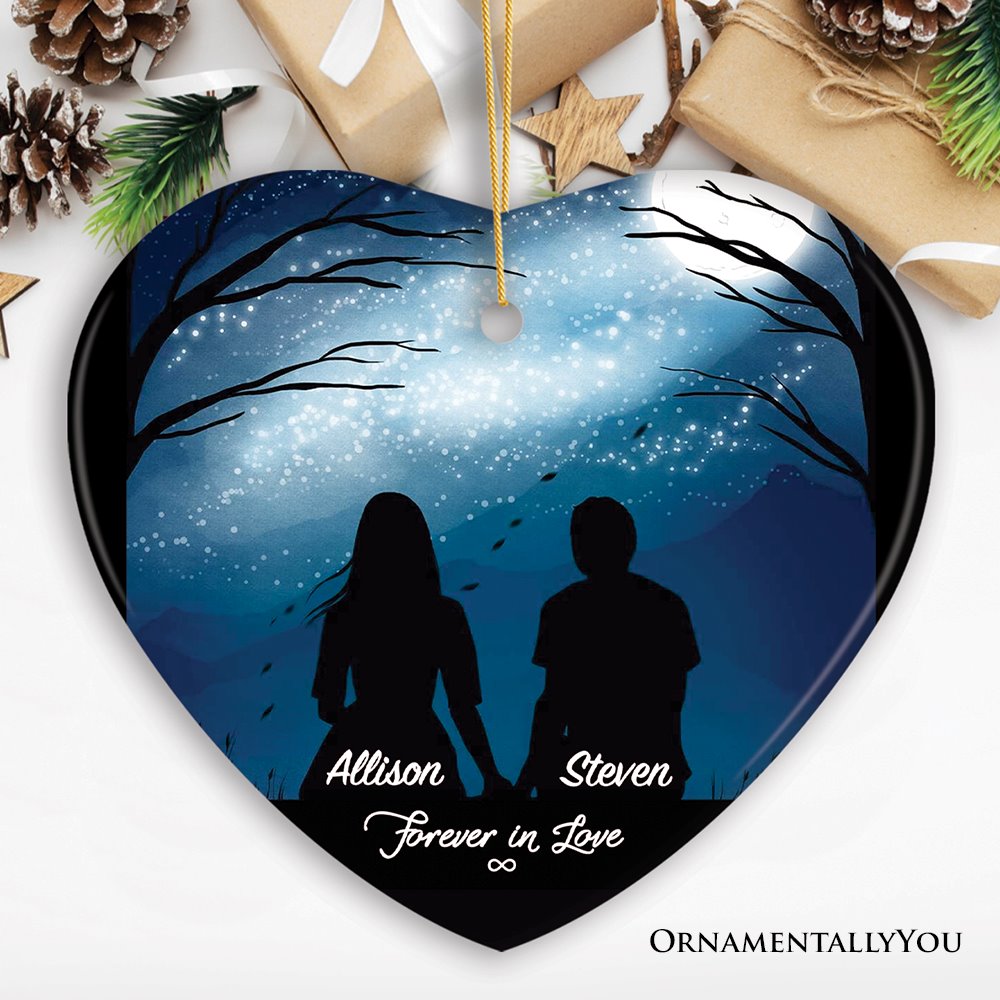 Forever in Love Personalized Silhouette Couple Ornament, Night Sky Stars and Moon Ceramic Ornament OrnamentallyYou Heart 