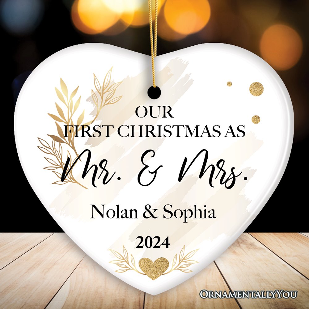 Our First Christmas as Mr & Mrs Minimalist Custom Ornament Ceramic Ornament OrnamentallyYou Heart 