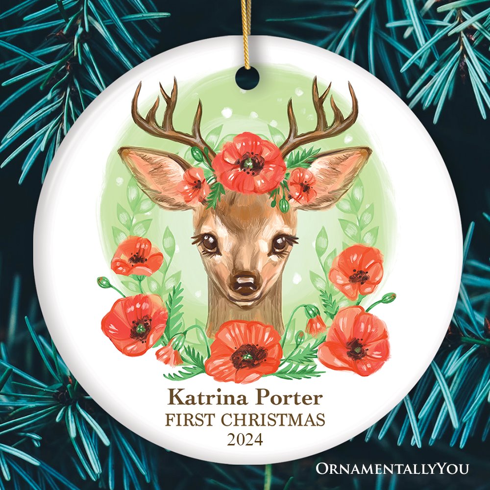 Personalized Baby's First Christmas Fawn Deer Watercolor Christmas Ornament Ceramic Ornament OrnamentallyYou Circle 