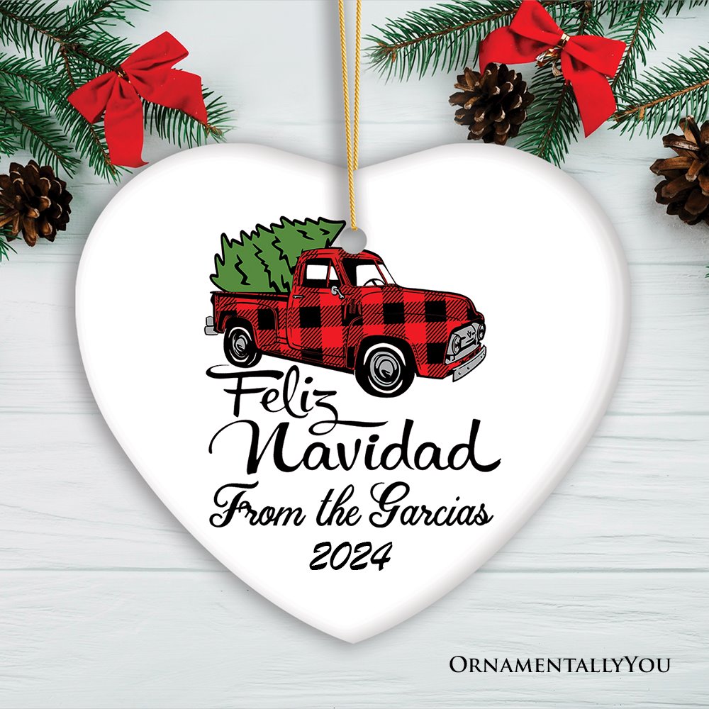 Personalized Feliz Navidad Plaid Red Truck Family Christmas Ornament Ceramic Ornament OrnamentallyYou Heart 