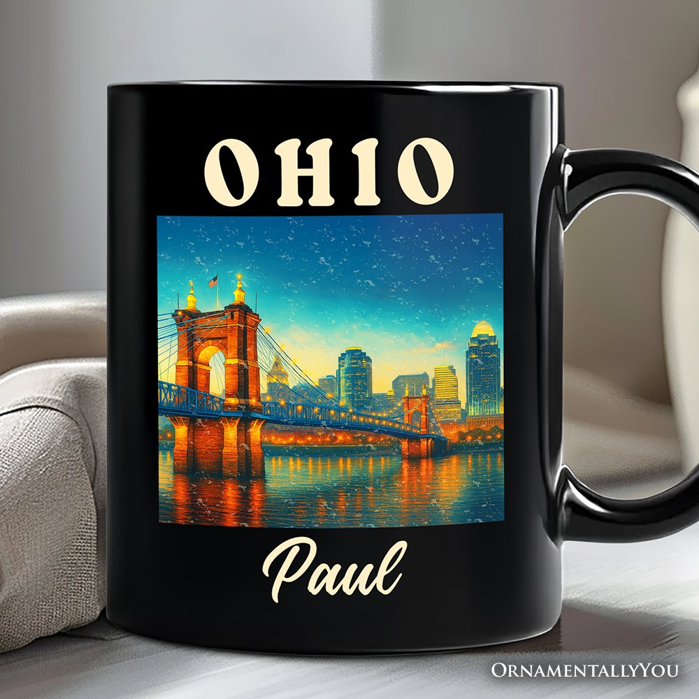 Charming Ohio State Cityscape and Landmark Personalized Mug, Cincinnati Night Bridge Gift and Midwest Skyline Souvenir with Custom Name Personalized Ceramic Mug OrnamentallyYou Black Customized 