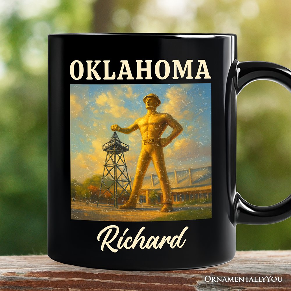 Iconic Oklahoma State Oil Heritage Personalized Mug, Tulsa Golden Driller Landmark Gift and Travel Souvenir with Custom Name Personalized Ceramic Mug OrnamentallyYou Black Customized 
