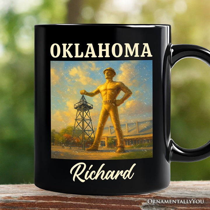 Iconic Oklahoma State Oil Heritage Personalized Mug, Tulsa Golden Driller Landmark Gift and Travel Souvenir with Custom Name Personalized Ceramic Mug OrnamentallyYou Black Customized 